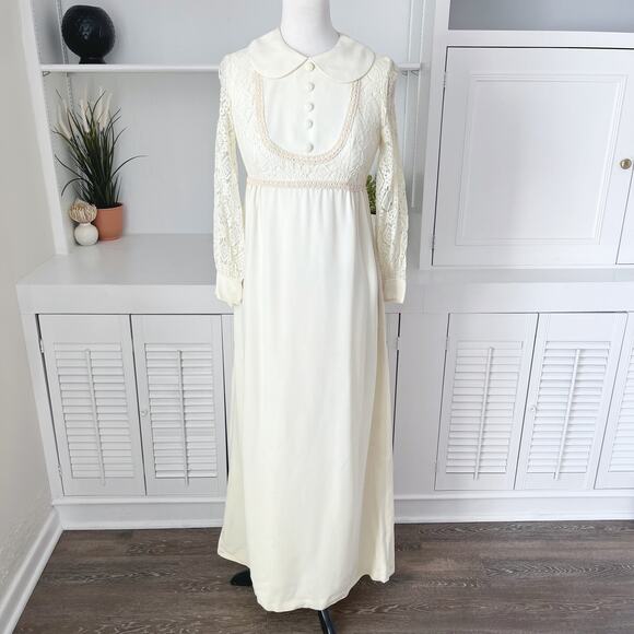 Vintage 60s Mod Handmade Peter Pan Collar Button Bib Lace Wedding Dress Size 0 - Picture 3 of 7